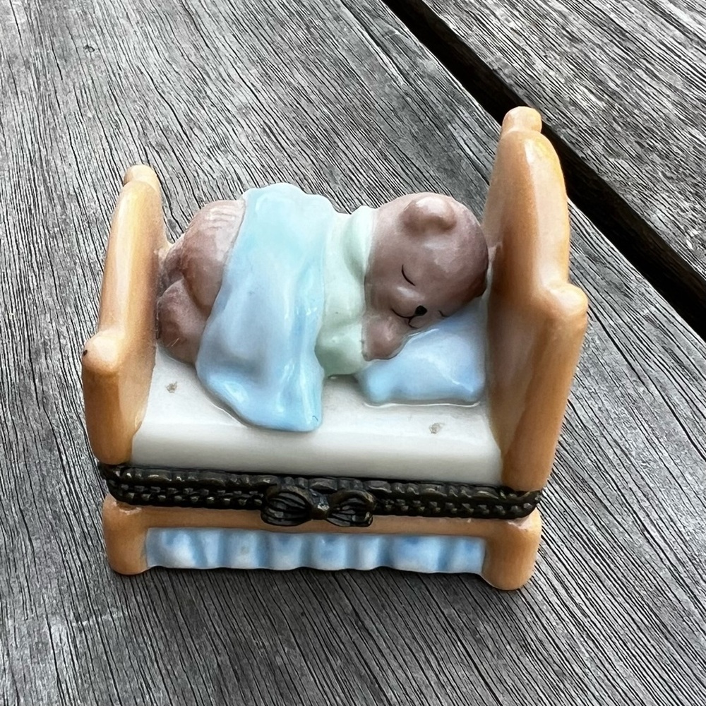 Sleeping Baby Bear Porcelain Hinged Keepsake Decorative Trinket Box